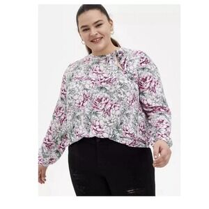 Torrid Georgette Pink Floral Bow Tie Neck Long Sleeve Blouse Size 1X